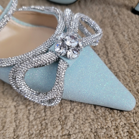 MACH & MACH Glitter Double Crystal Bow Pointed Toe Pump in Baby Blue, Size 40 - Picture 3 of 13